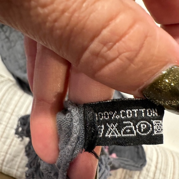 Boho Embroidered Scarf Wrap Gray Cotton Floral Tassel Fringe Festival Bohemian - Picture 5 of 7